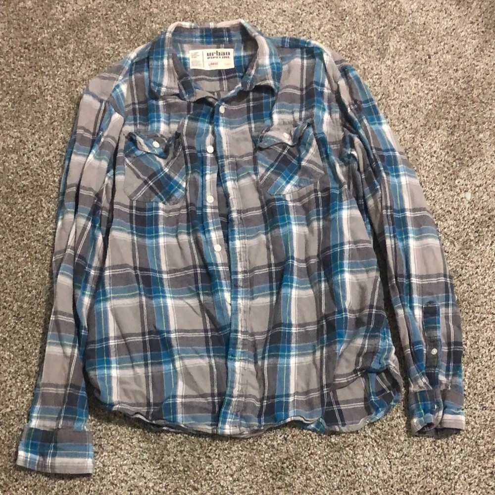 Urban Pipeline Blue and Gray Plaid Casual Button Down Shirt